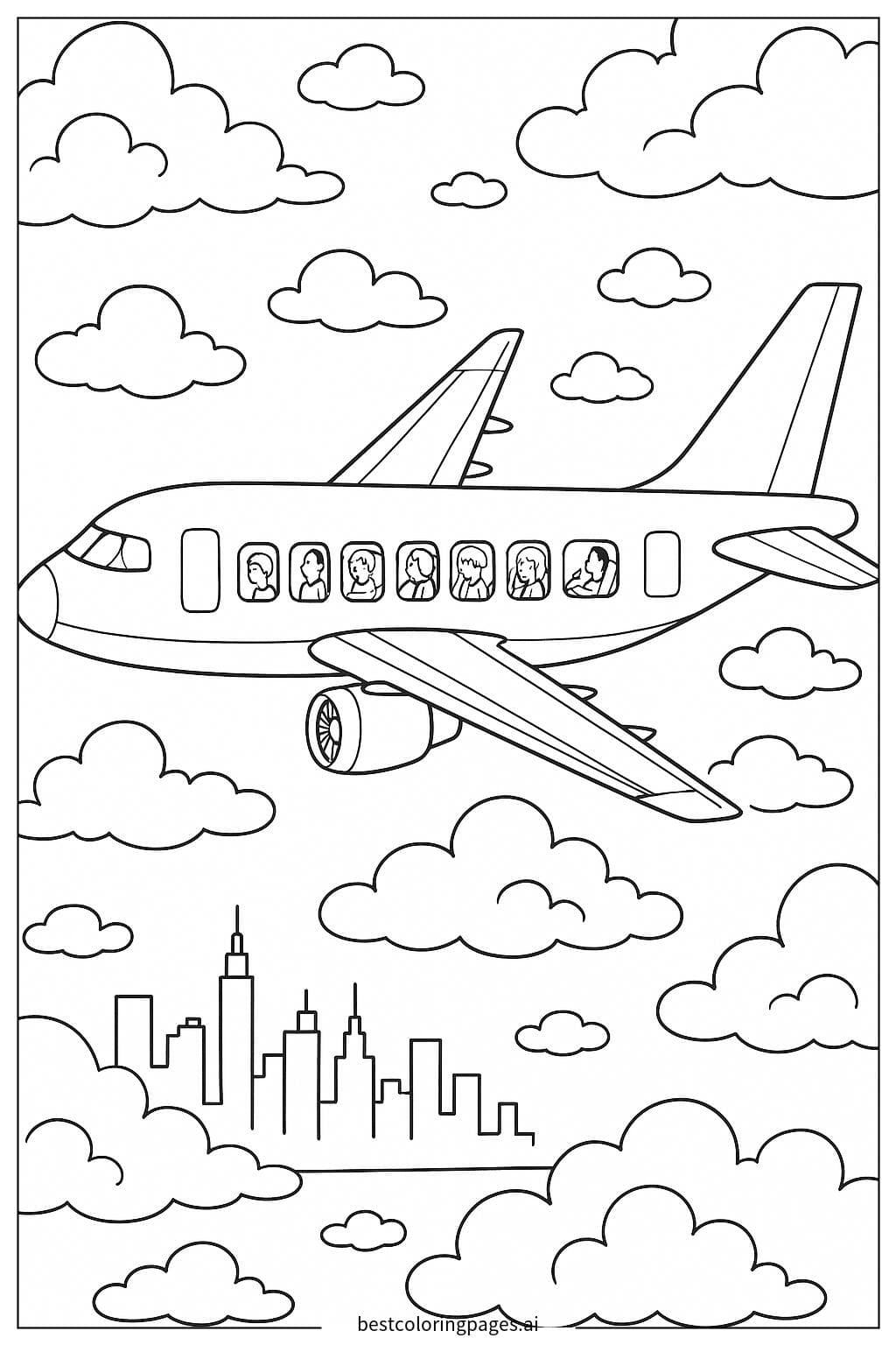 Avião com passageiros visíveis pelas janelas