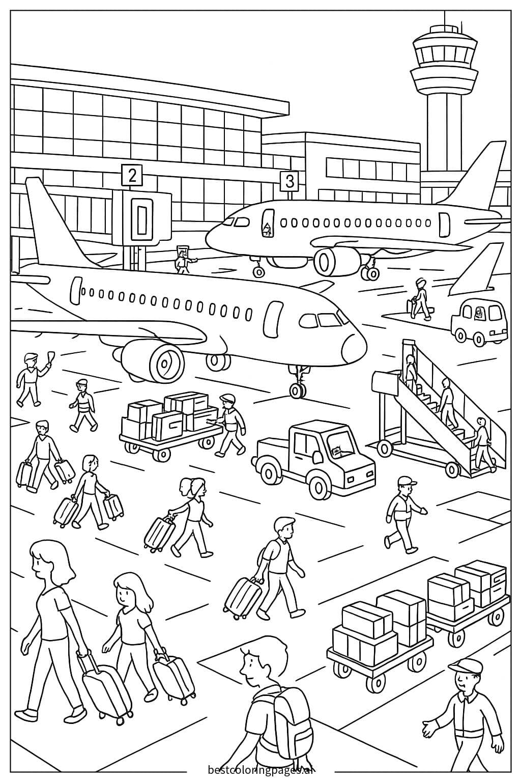 Gambar Mewarnai Adegan Bandara dengan Pesawat dan Penumpang