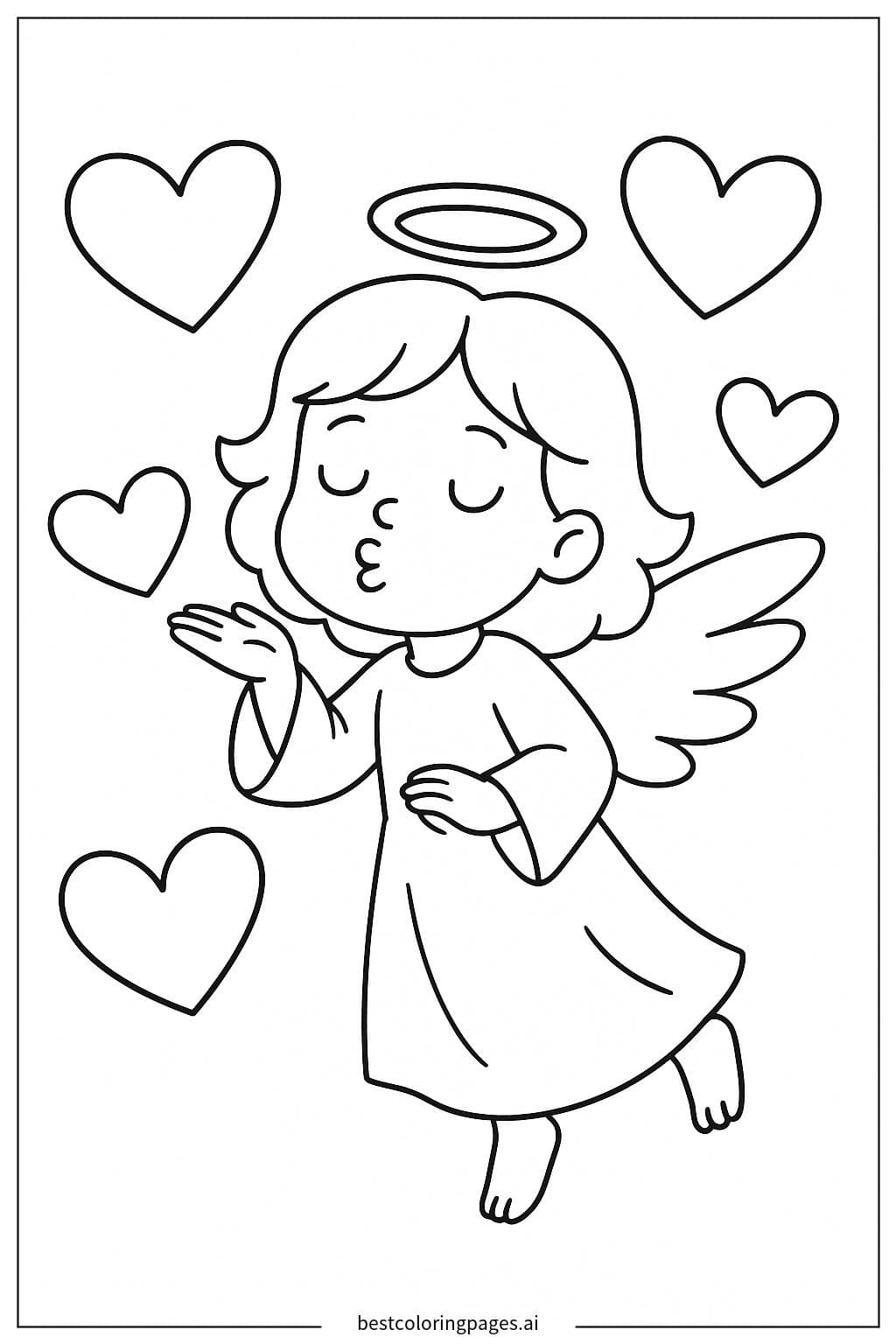 Anjo soprando beijos cercado de corações