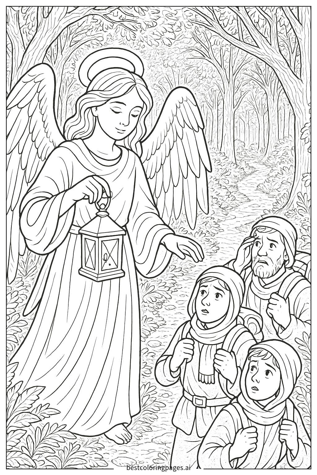 Desenhos de Anjo guiando viajantes perdidos com uma lanterna para Colorir