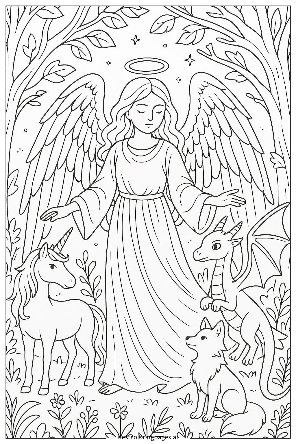 Anjo brincando com criaturas míticas