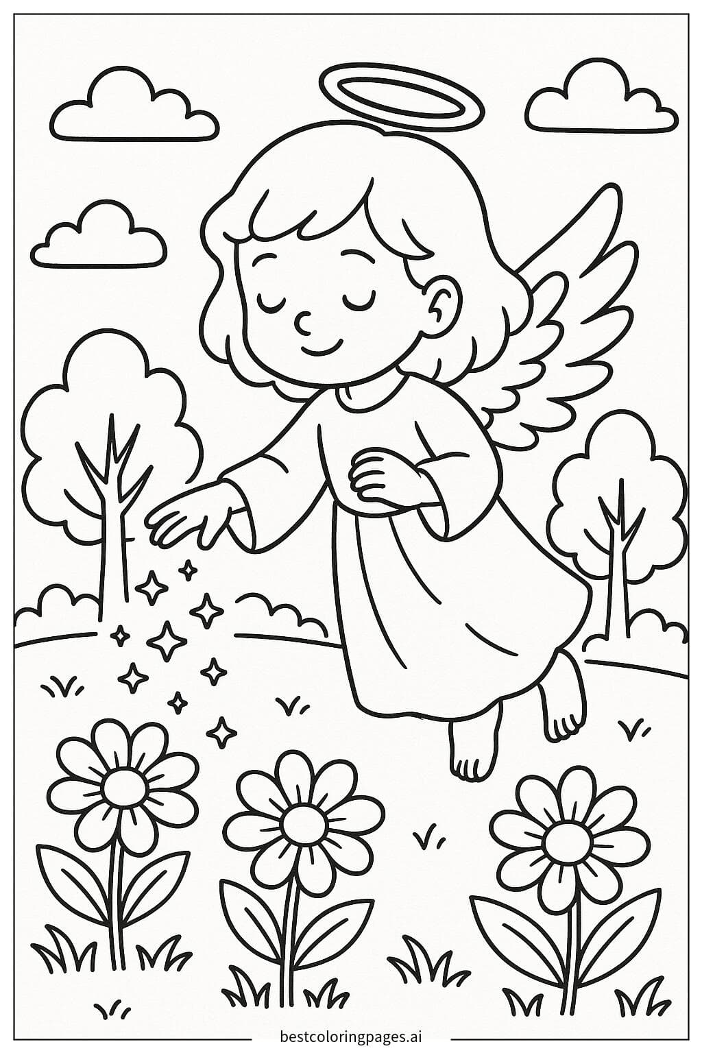 Anjo espalhando estrelas sobre flores em um jardim
