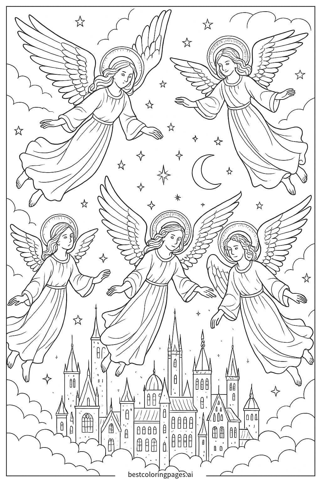 Desenhos de Anjos voando sobre uma cidade brilhante à noite para Colorir