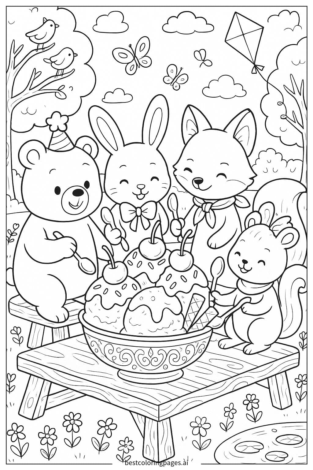 Animal Friends Enjoying a Giant Ice Cream Sundae