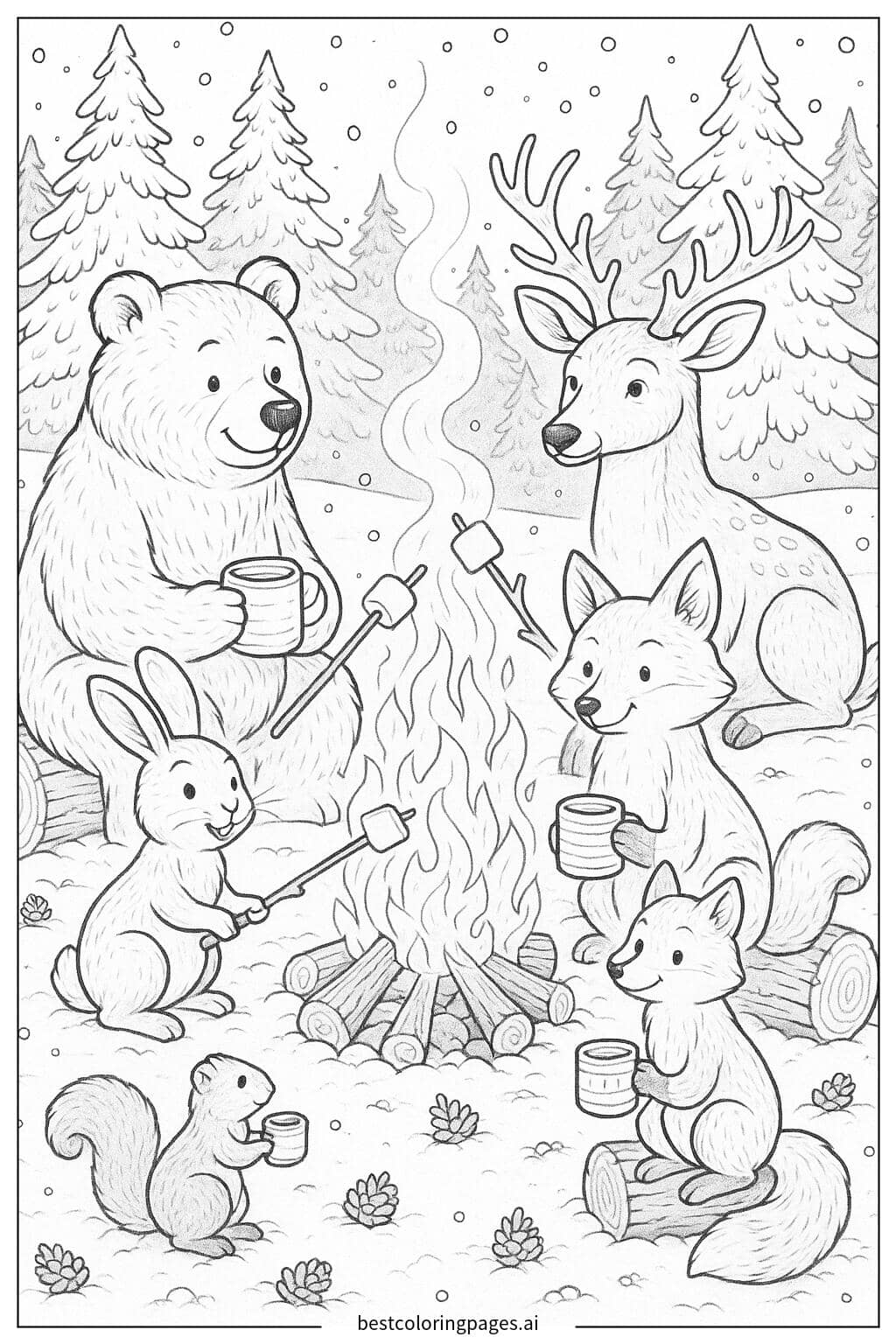Winter Animals Gathered Around a Cozy Campfire Coloring Page