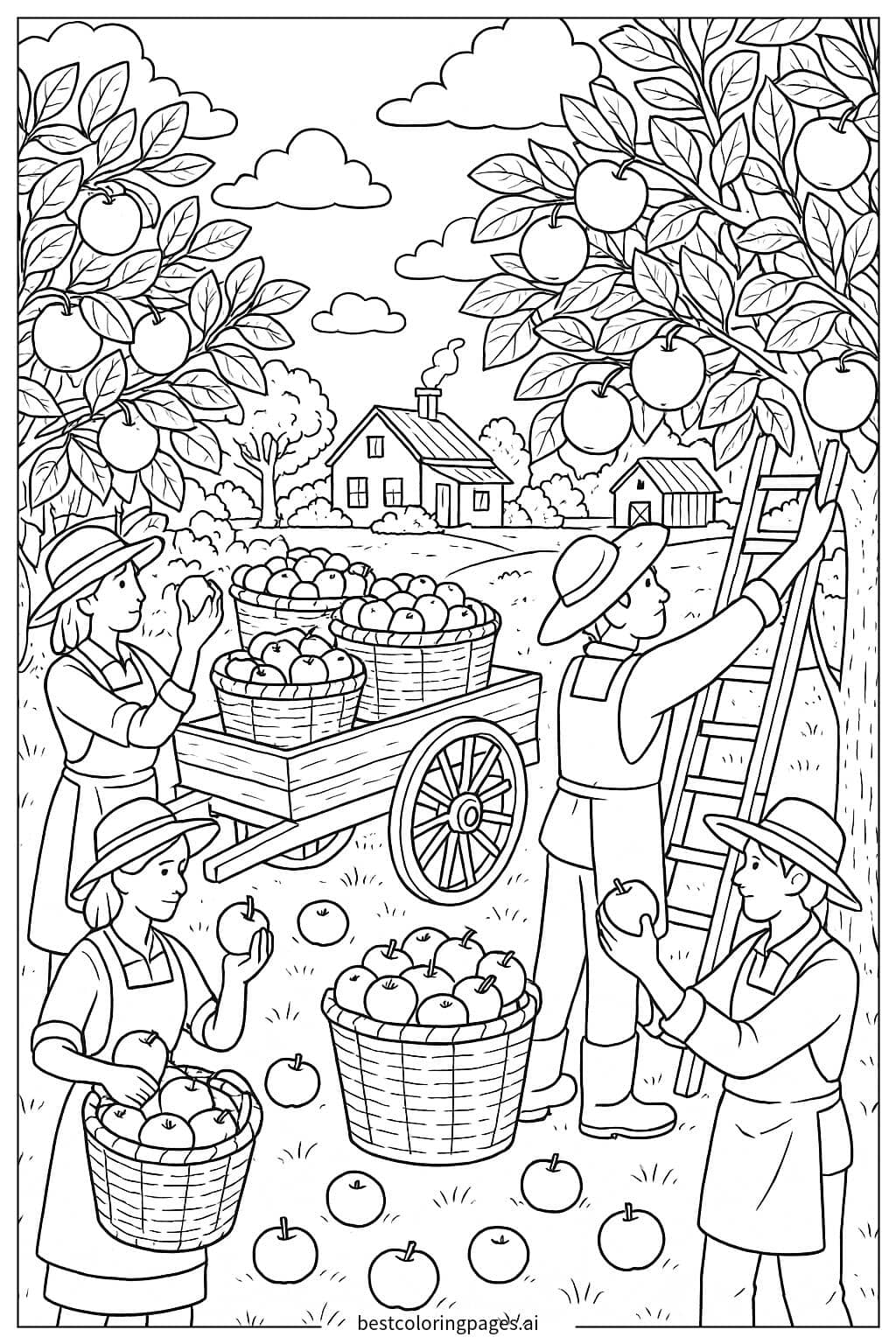Dibujos de Huerto de manzanas con agricultores cosechando para Colorear