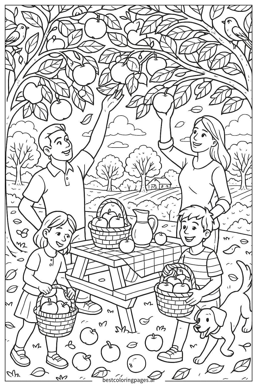Apple Picking Family Picnic Coloring Page