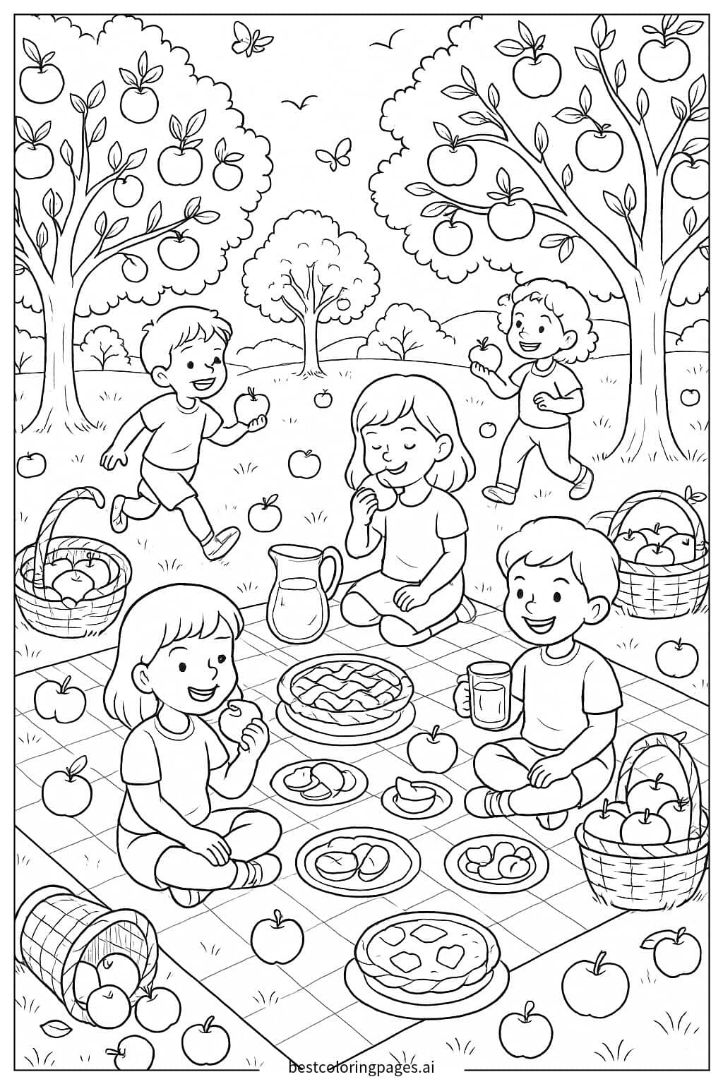 Apple-Themed Picnic with Kids and Baskets Coloring Page