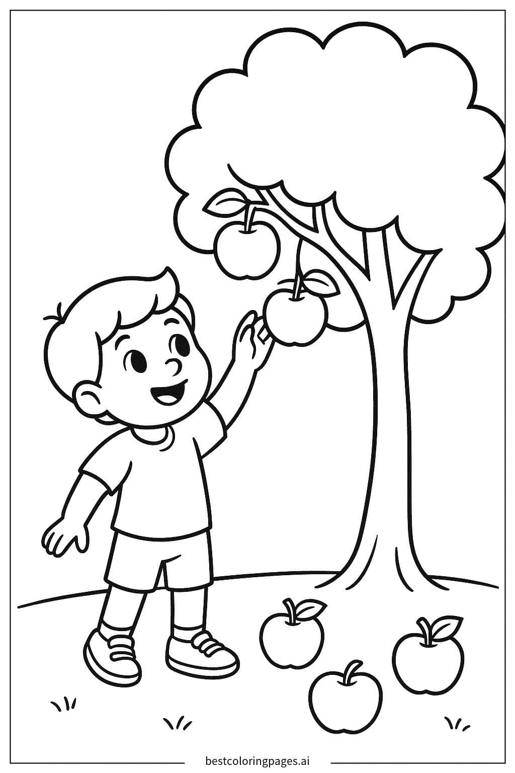 Dibujos de Árbol de manzanas con un niño alcanzando una manzana para Colorear