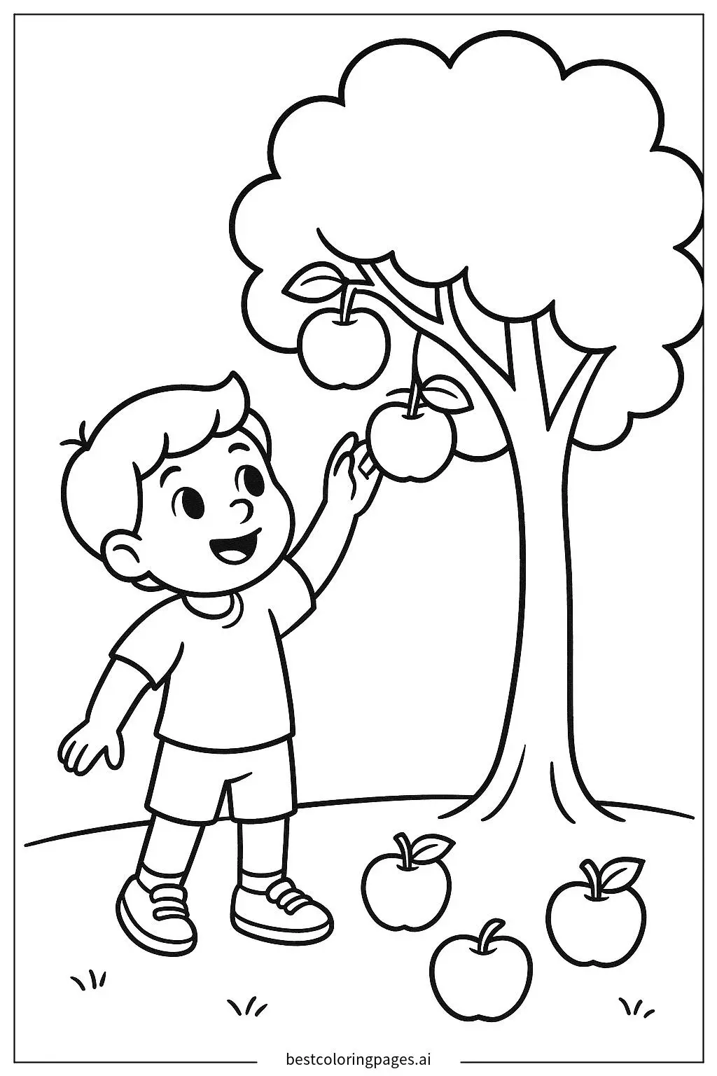 Disegni di Albero di mele con bambino che raggiunge una mela da Colorare