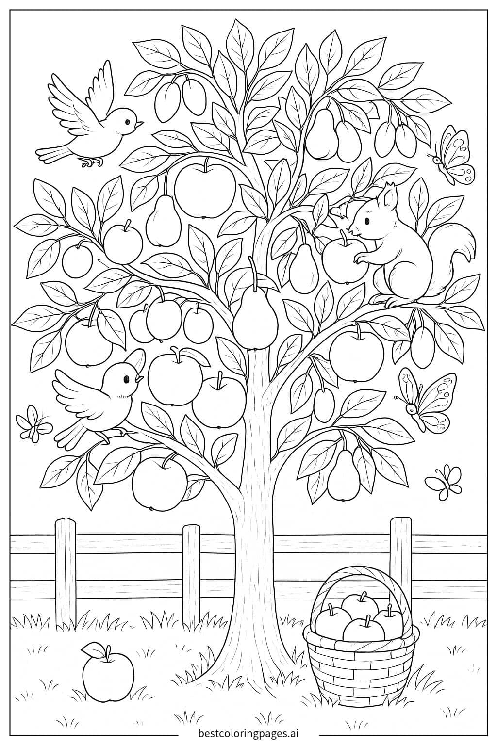 Apple Tree with Fruits and Forest Creatures Coloring Page