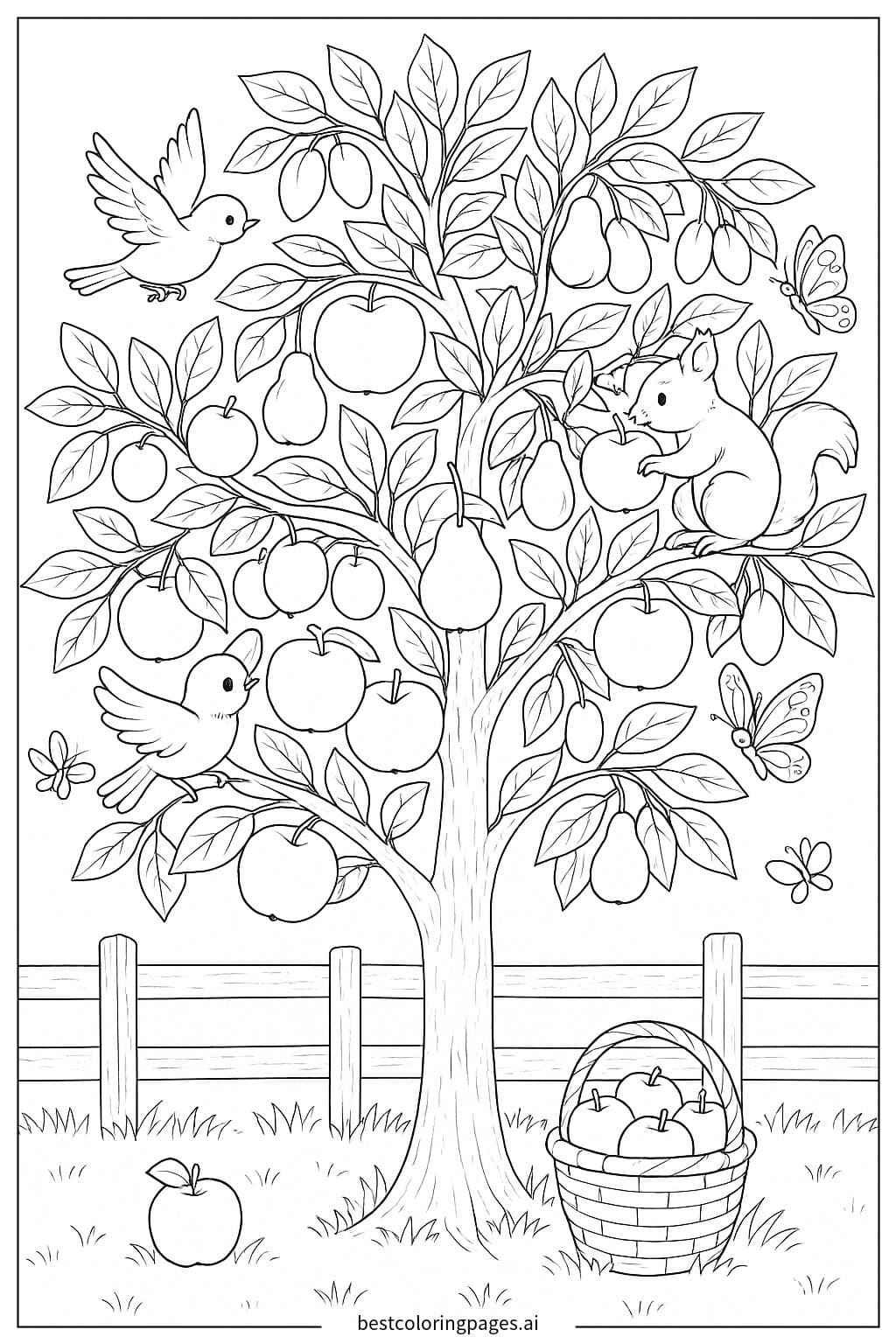 Apple Tree with Fruits and Forest Creatures Coloring Page