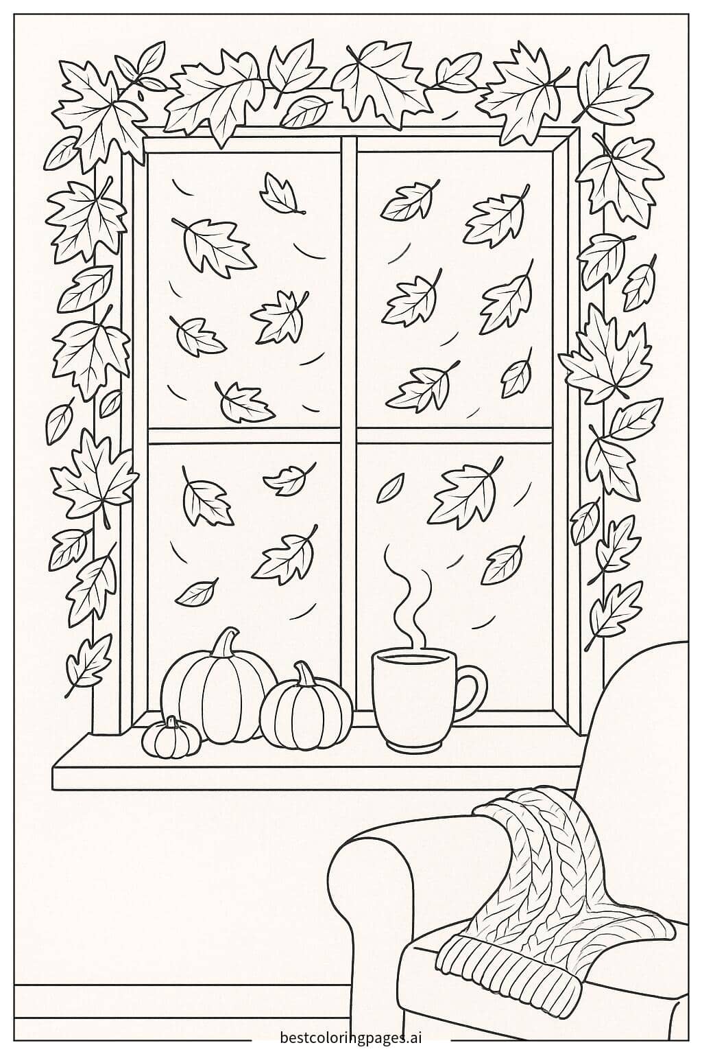 Cozy Autumn Leaves by the Window Coloring Page