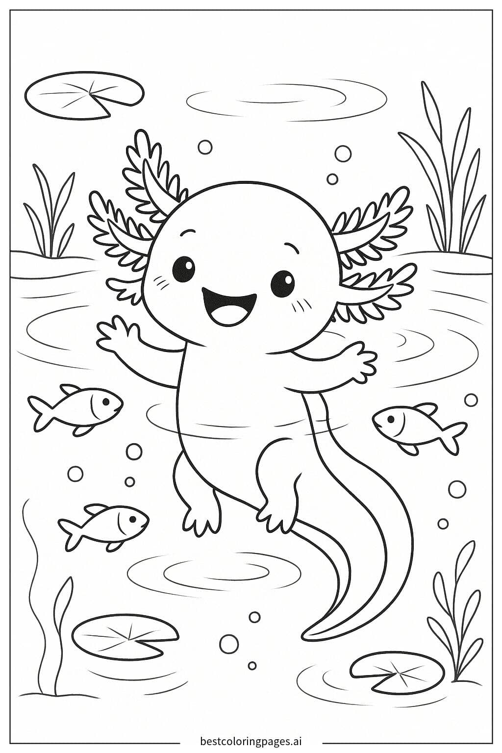 Axolotl Playing with Tiny Fish Coloring Page