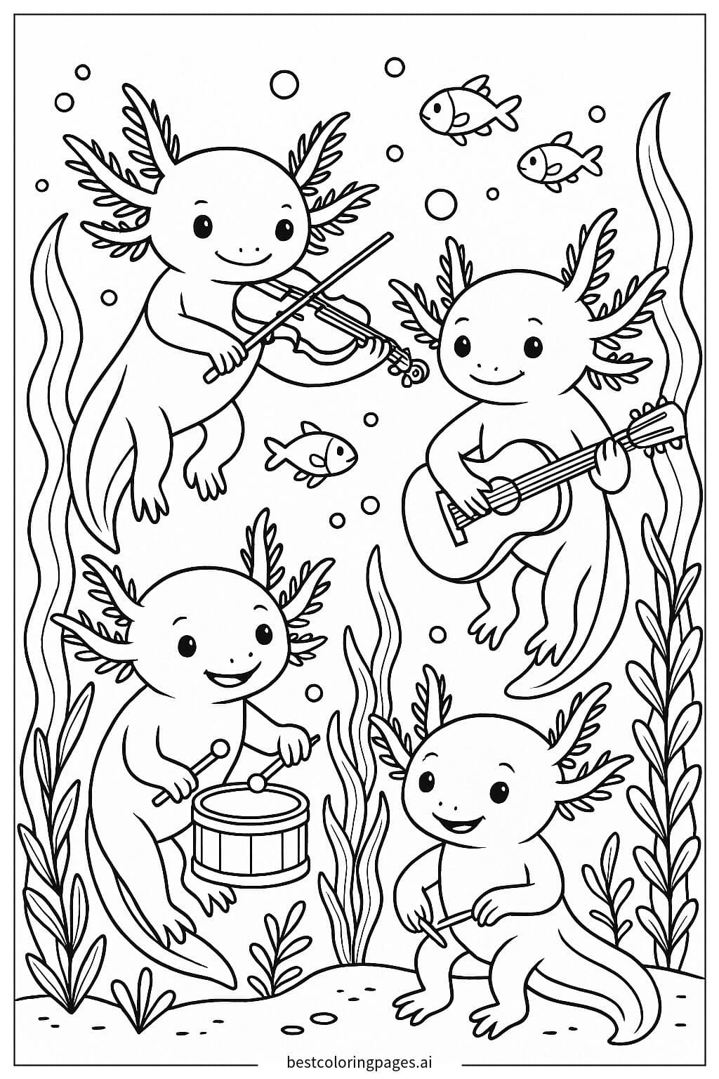 Axolotls jouant des instruments de musique sous l'eau