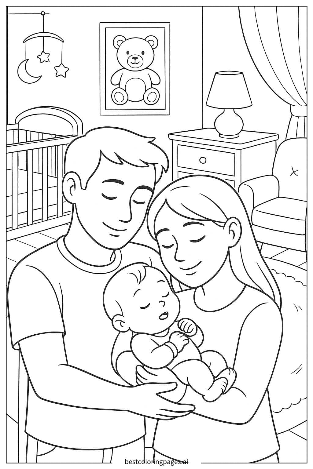 Disegni di Bambino coccolato dai genitori in una nursery accogliente da Colorare