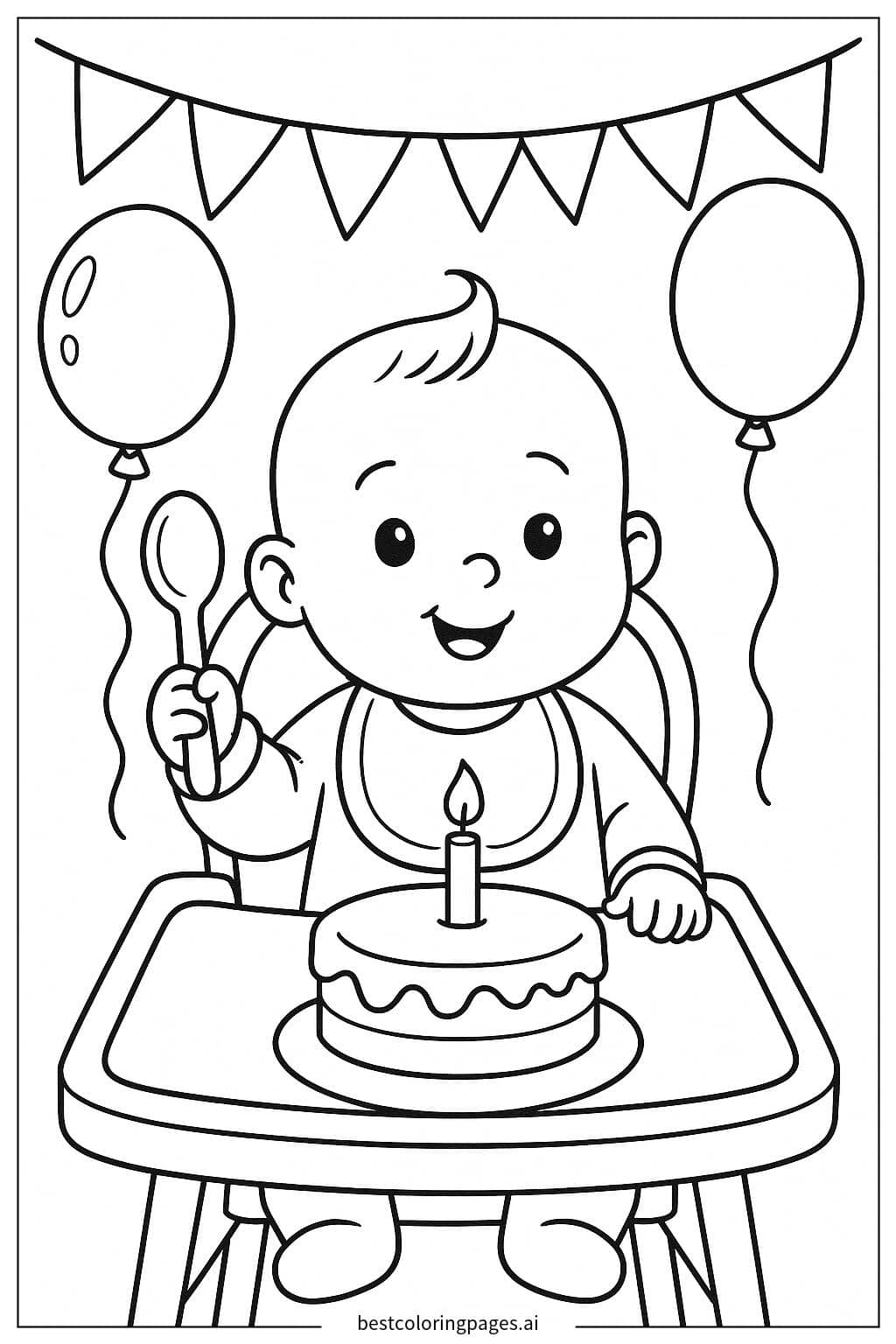 Disegni di Bambino che festeggia il primo compleanno con la torta da Colorare