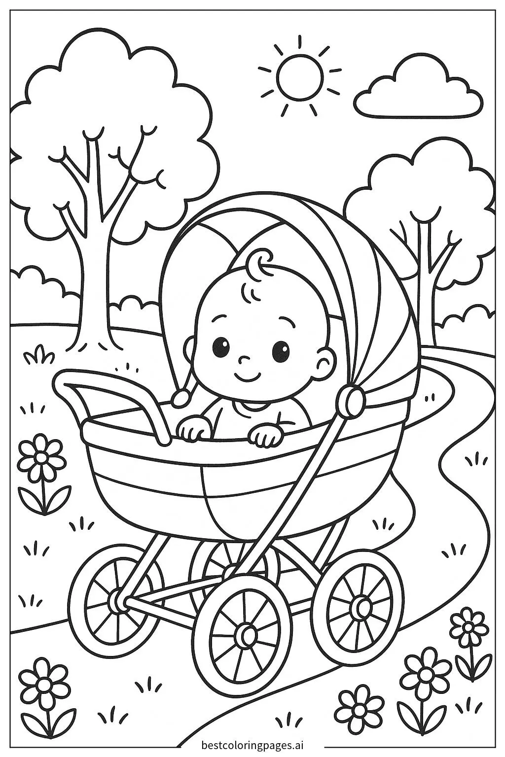 Bebê passeando de carrinho em um parque cênico