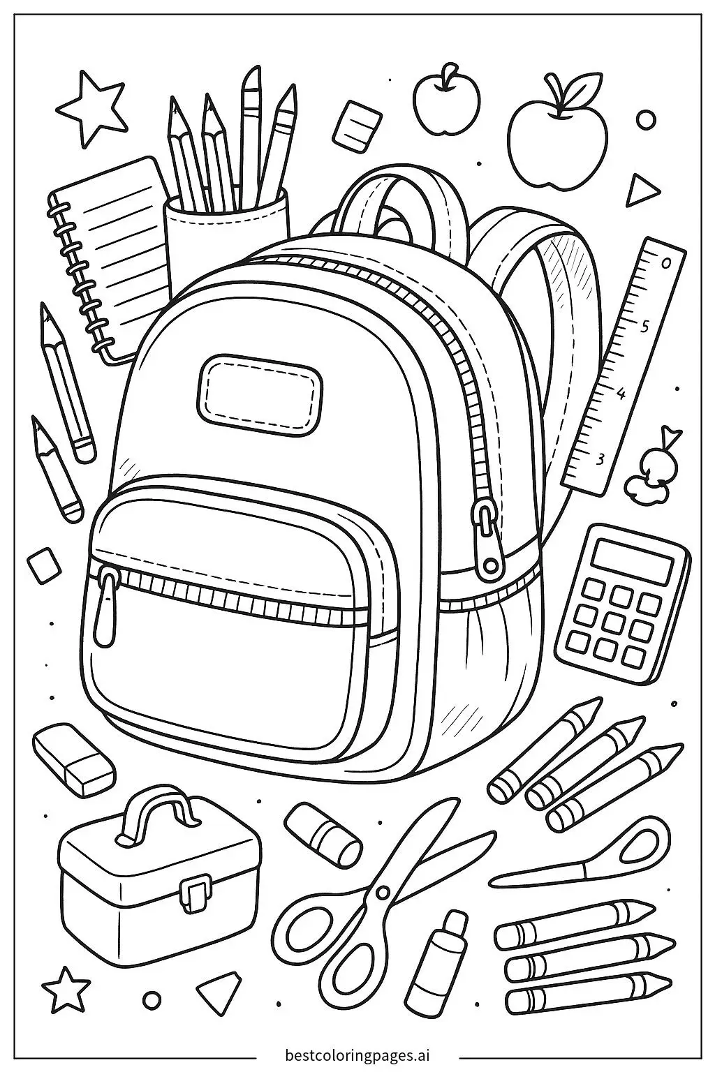 Desenhos de Mochila com Material Escolar Espalhado para Colorir