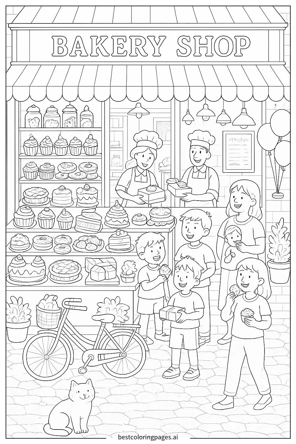 さまざまなデザートが並ぶベーカリーショップ のぬりえ