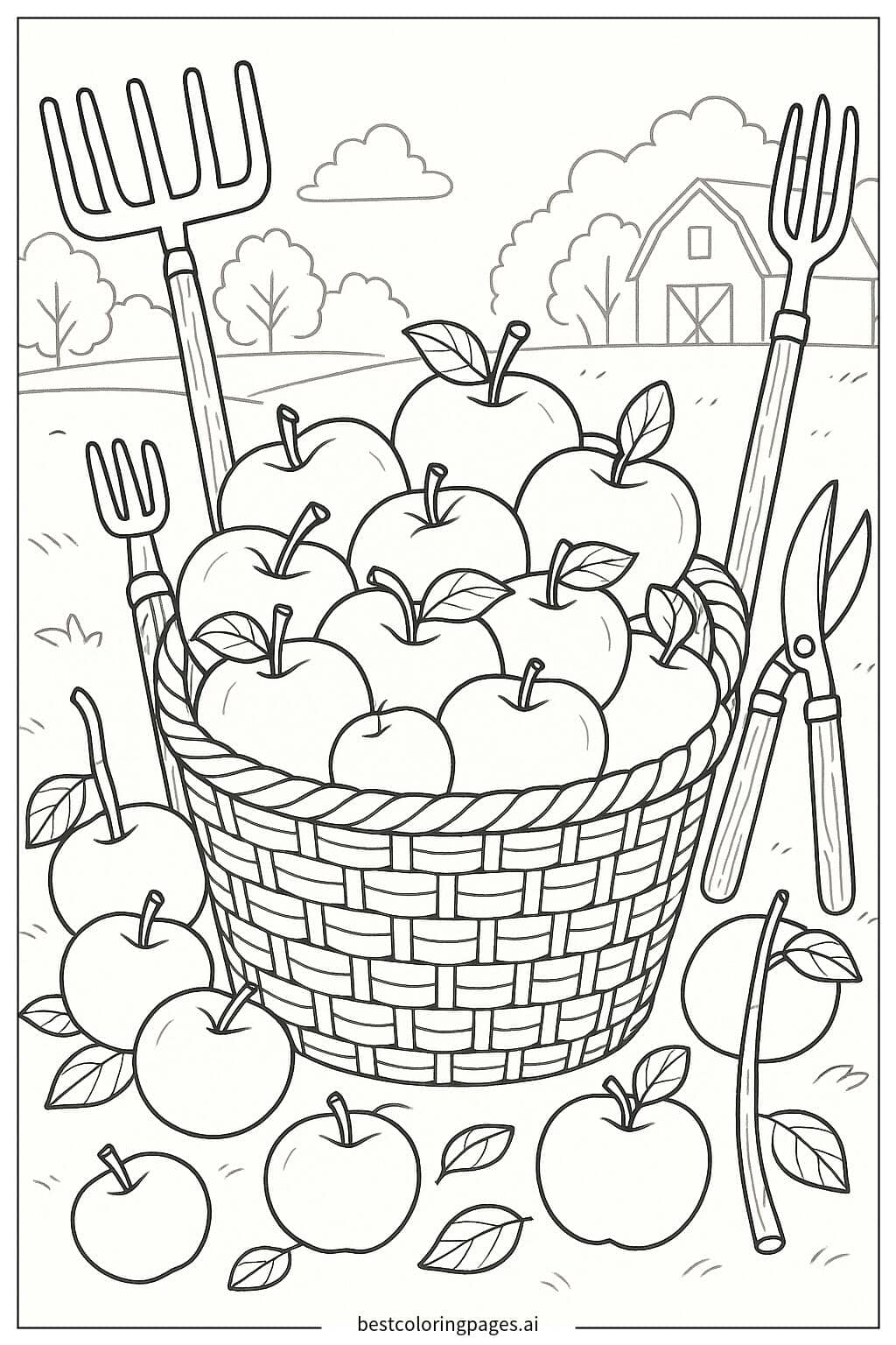 Basket of Apples and Harvest Tools Coloring Page