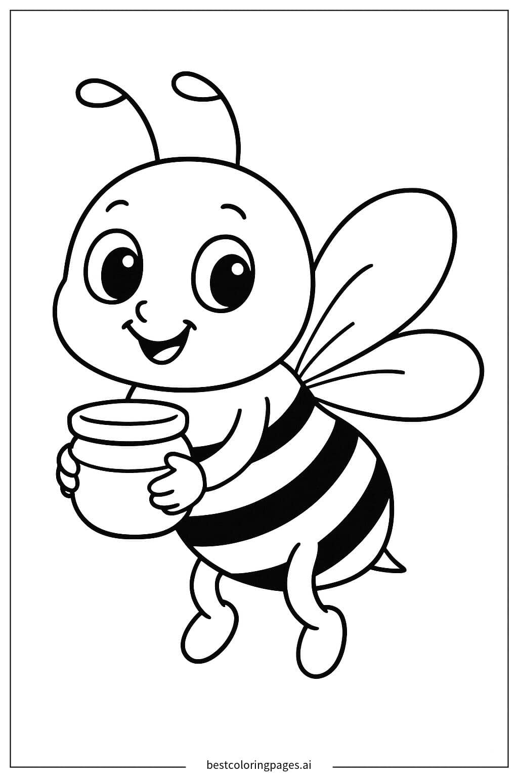 Adorable Bee with Honey Jar Coloring Page