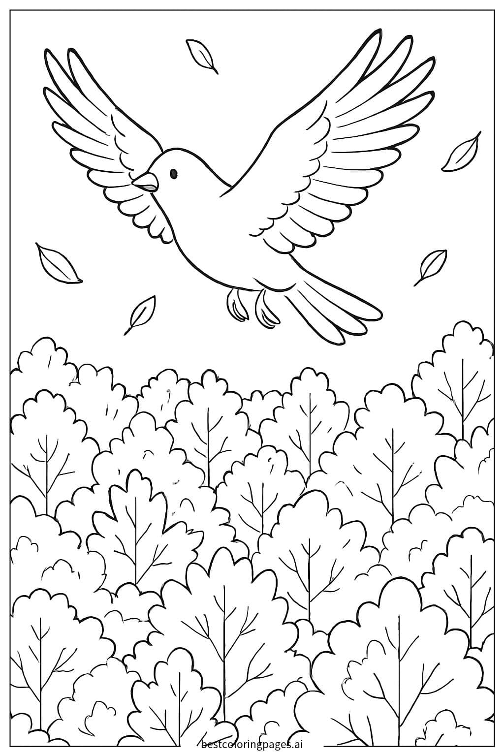 Bird soaring over a fall-colored forest