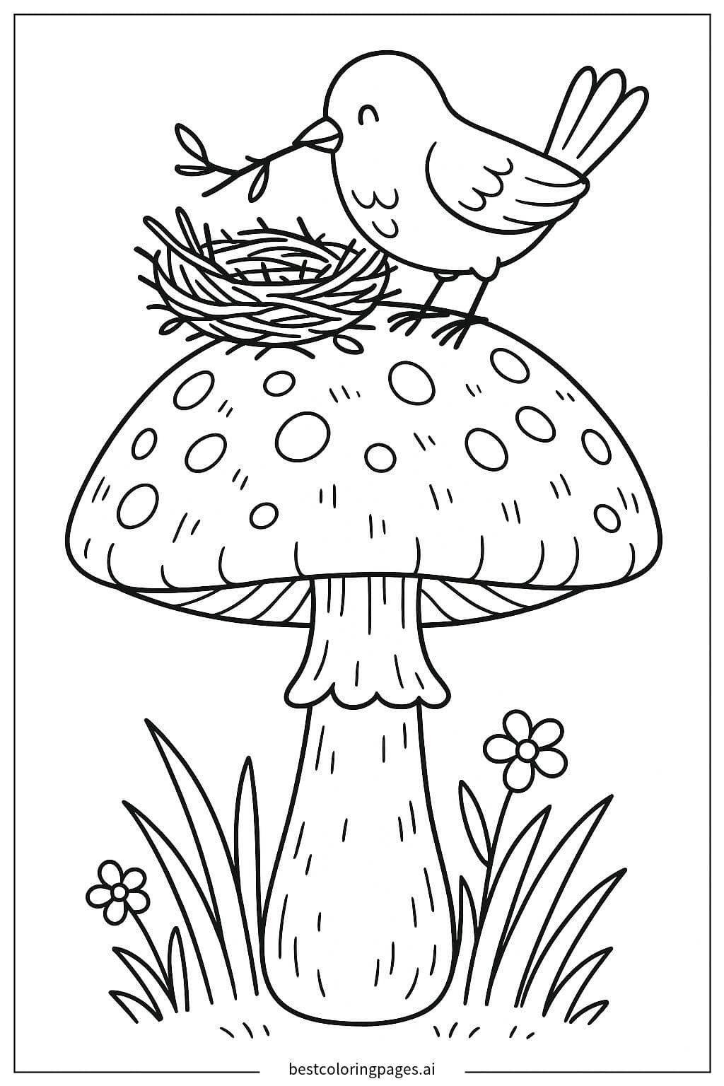 Bird Building a Nest on Mushroom