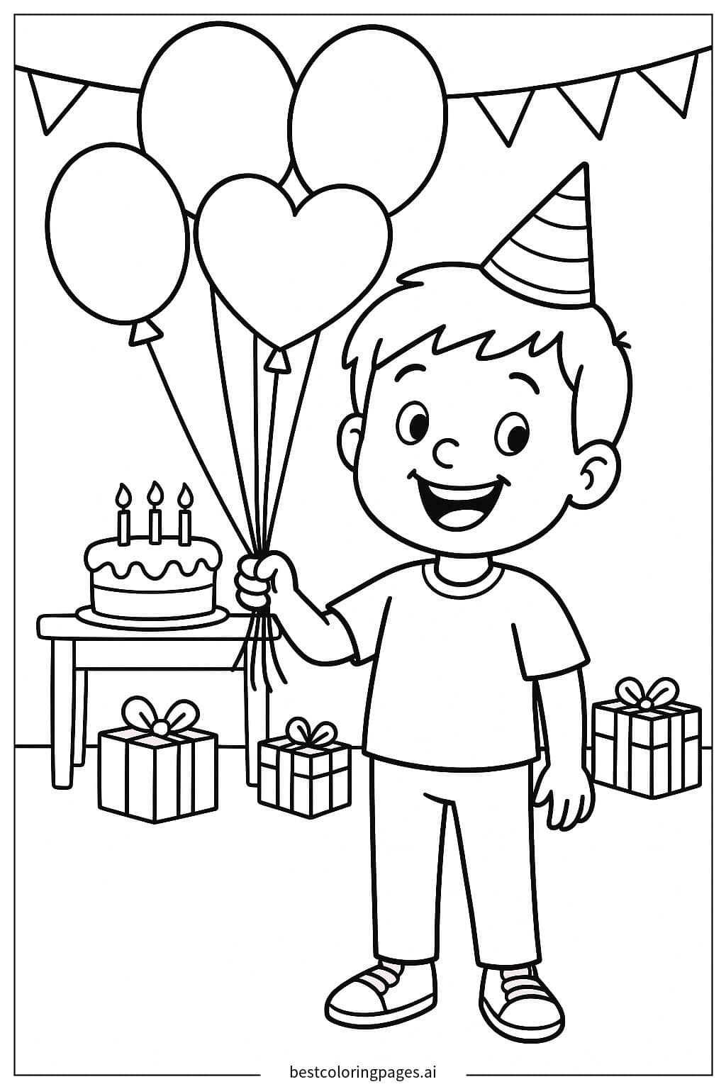 Birthday Boy Holding Balloons Coloring Page