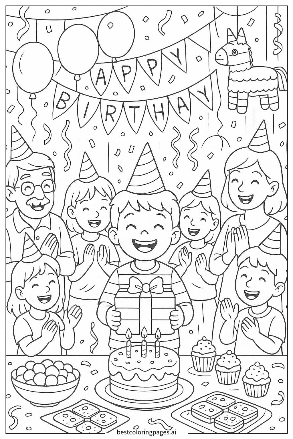 Birthday Celebration with Family and Friends Coloring Page