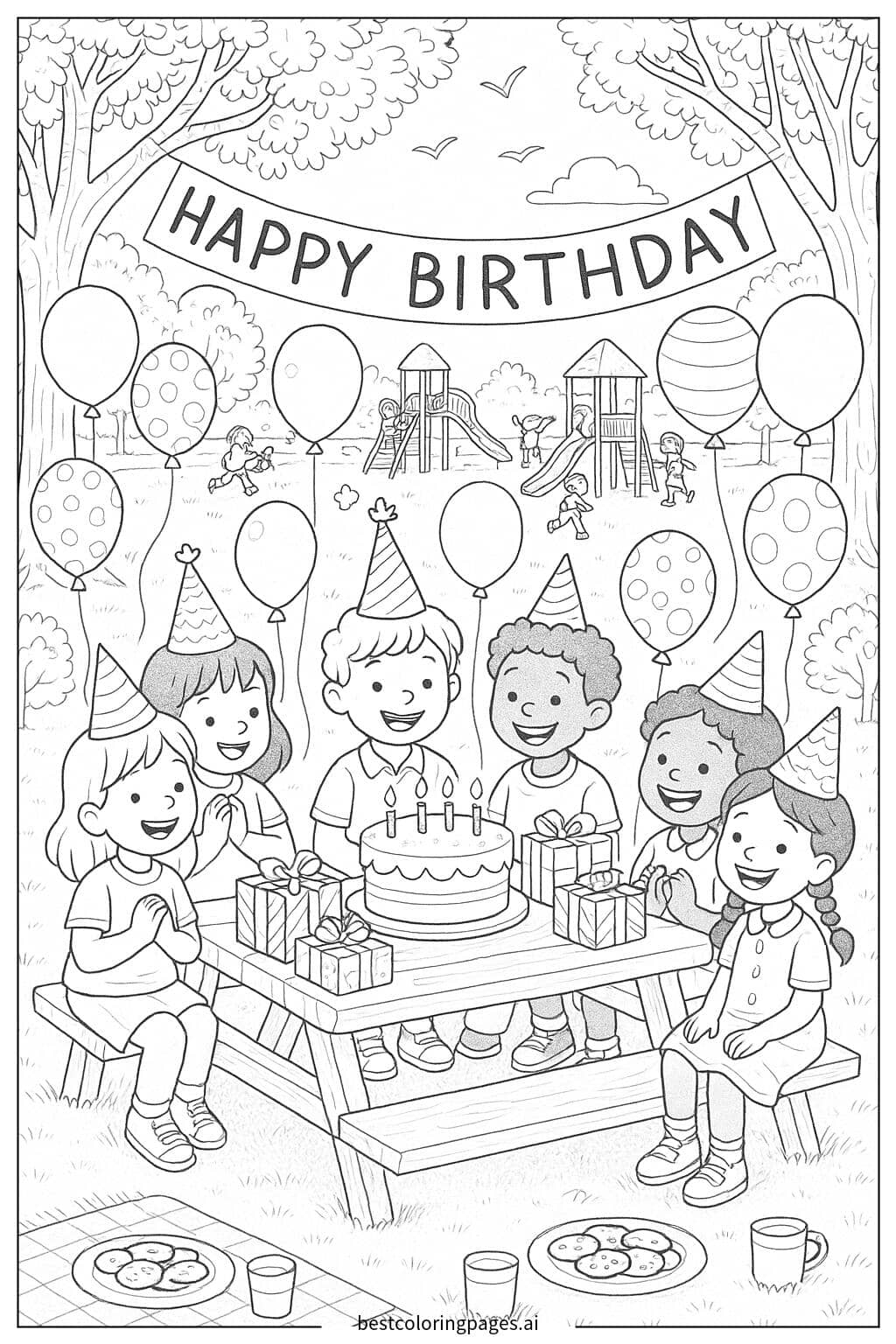 Coloriage Fête d'anniversaire au parc avec des amis et des ballons