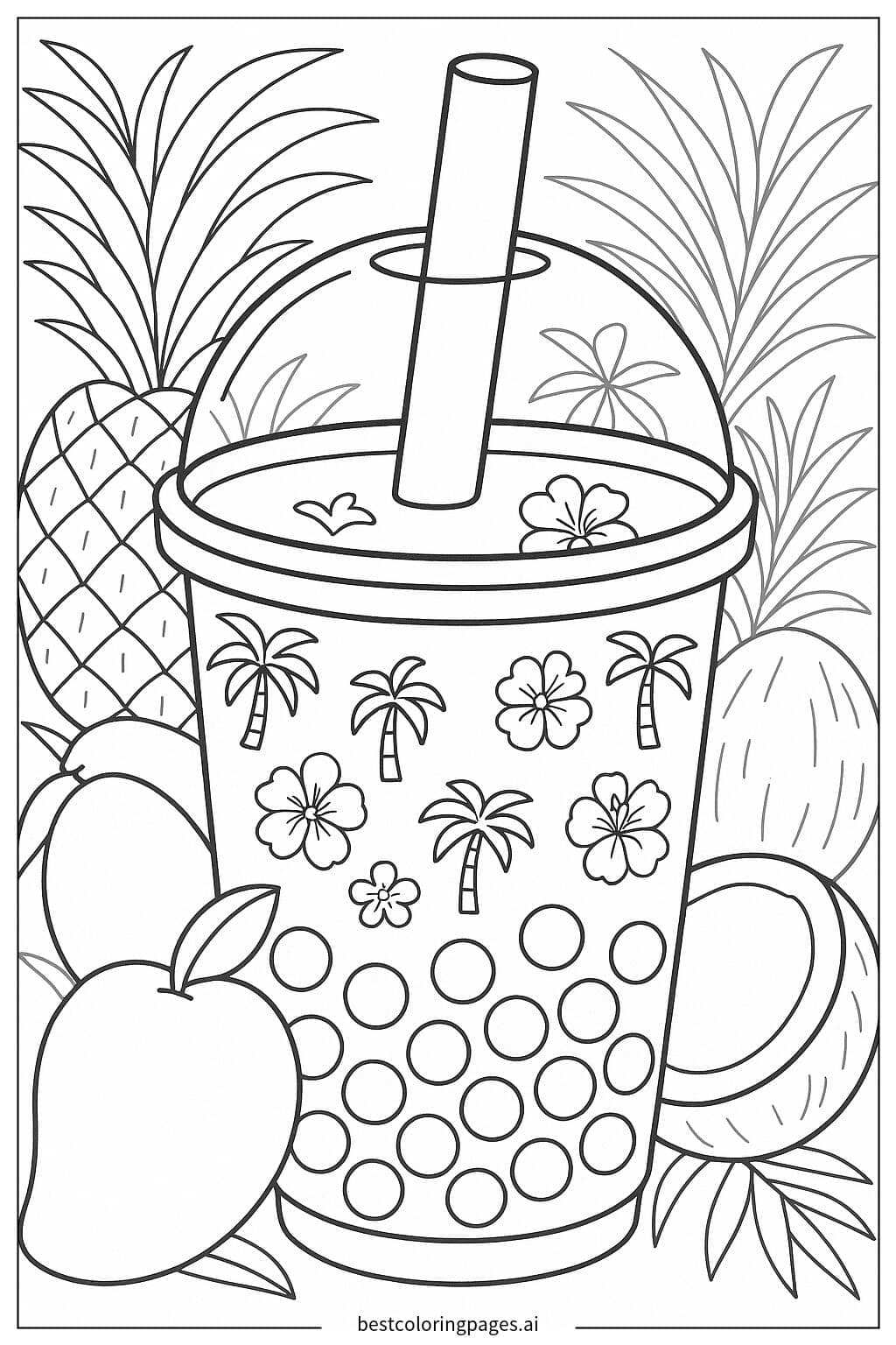 Boba Tea Cup with Tropical Fruits Coloring Page
