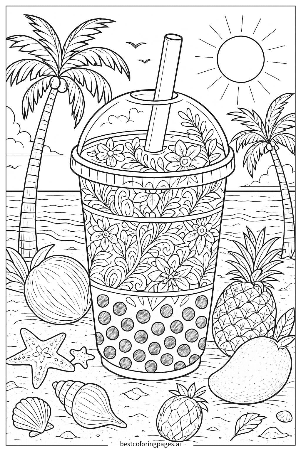 Dibujos de Té de burbujas en una escena tropical de playa para Colorear