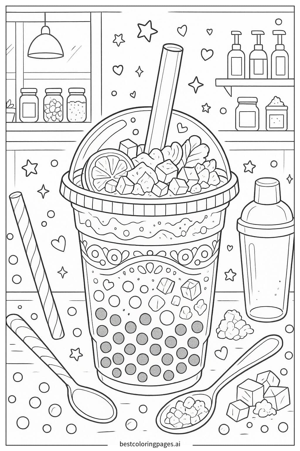 Dibujos de Té de boba con varios ingredientes y accesorios para Colorear