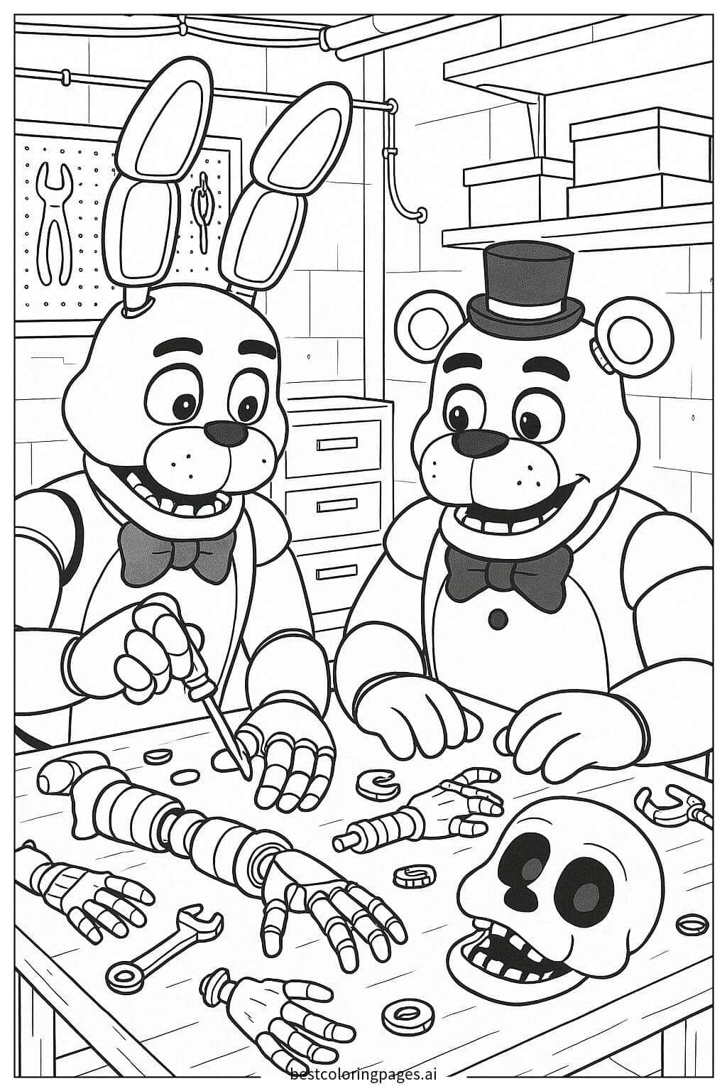 Gambar Mewarnai Bonnie dan Freddy Memperbaiki Animatronik