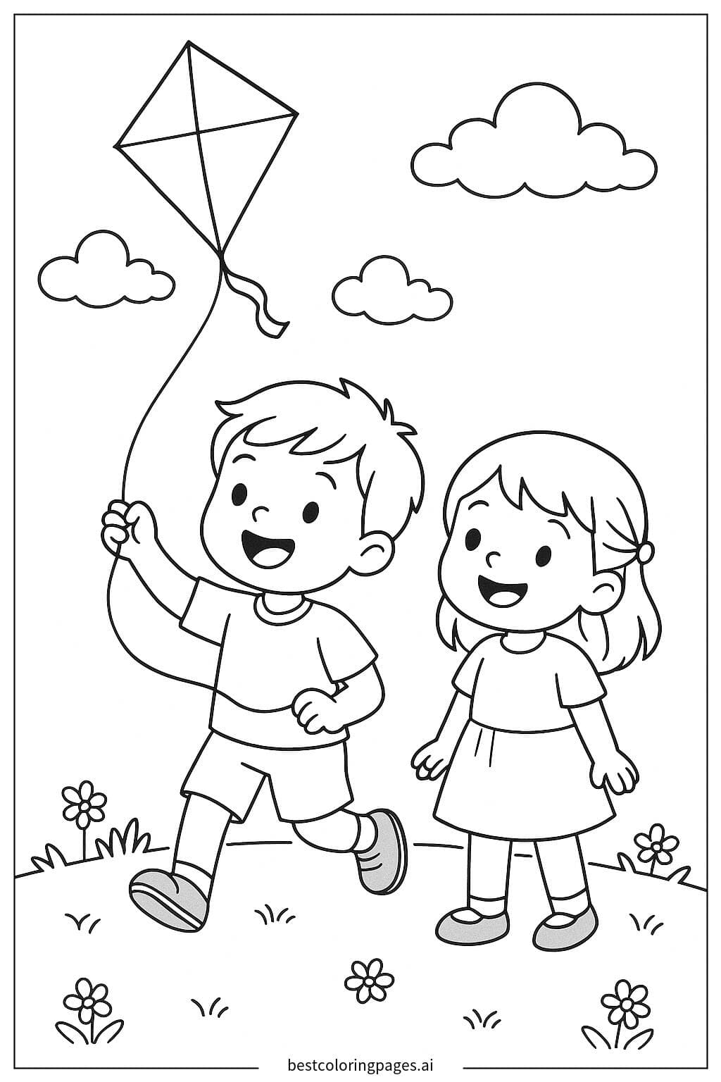 Boy and Girl Enjoying a Kite-Flying Day