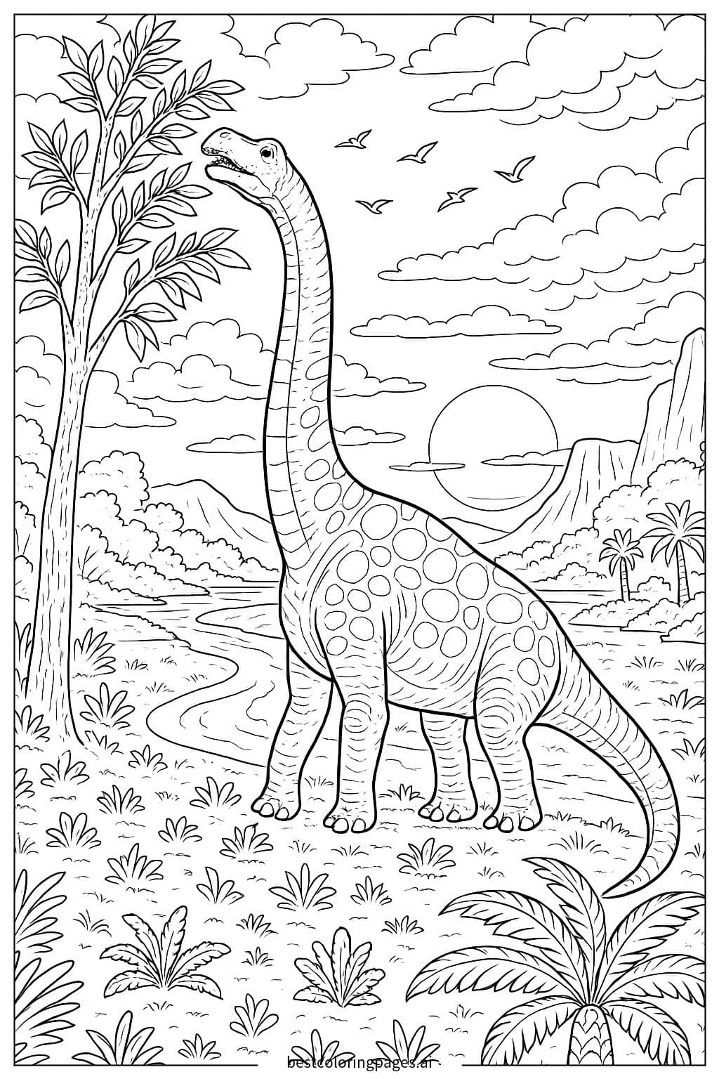 Brachiosaurus at a Prehistoric River Sunset Coloring Page
