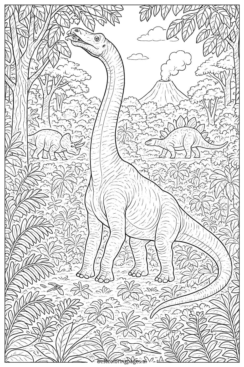 Brachiosaurus in a Jungle with Other Dinosaurs Coloring Page