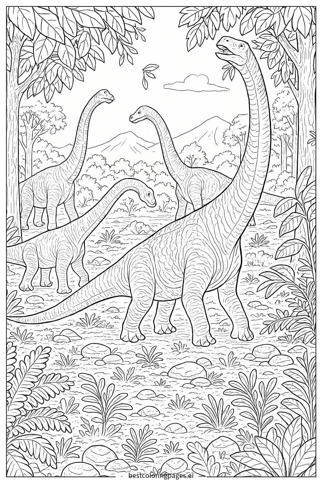 Brachiosaurus Herd Strolling in a Forest Coloring Page