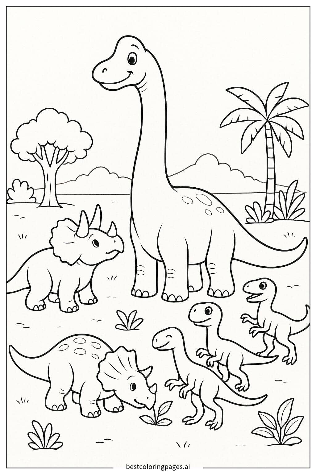 Brachiosaurus with a Group of Small Dinosaurs Coloring Page