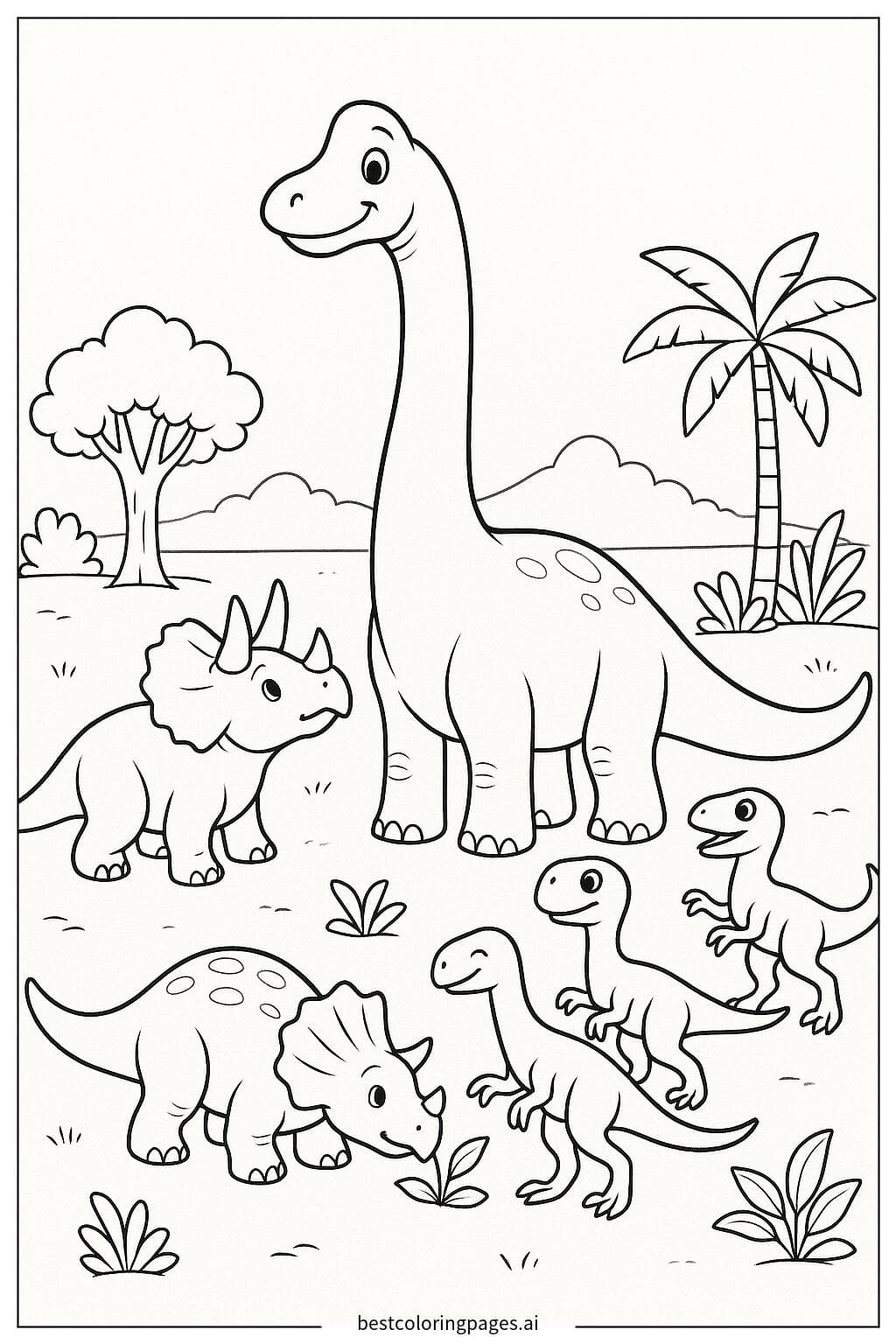 Brachiosaurus with a Group of Small Dinosaurs Coloring Page