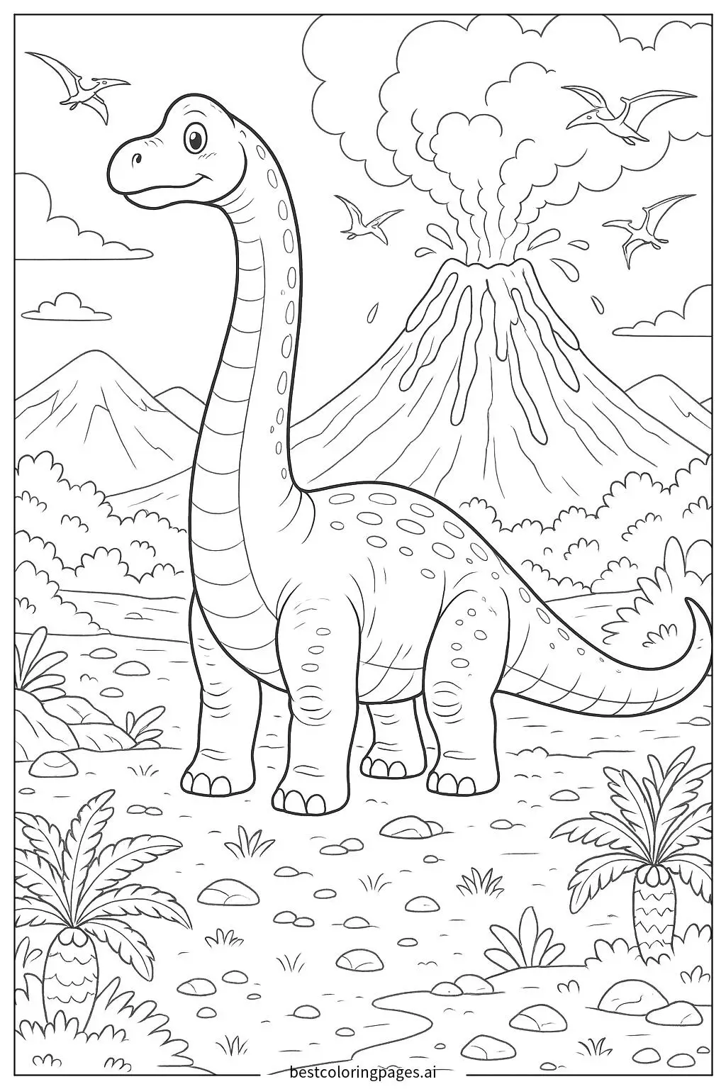 Brachiosaurus and Prehistoric Volcano Adventure Coloring Page