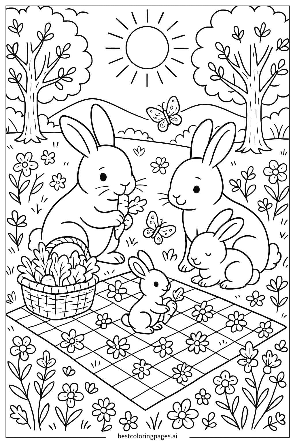 Bunny Family Picnic Coloring Page