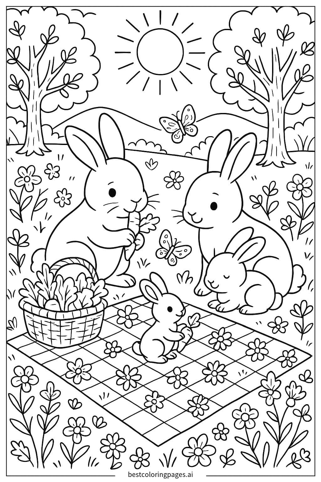 Coloriage Pique-nique en famille de lapins