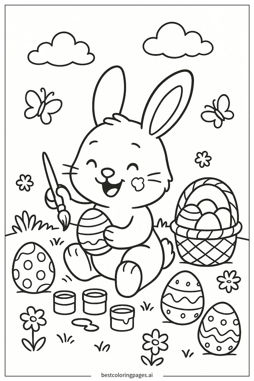 Bunny Painting Easter Eggs Coloring Page
