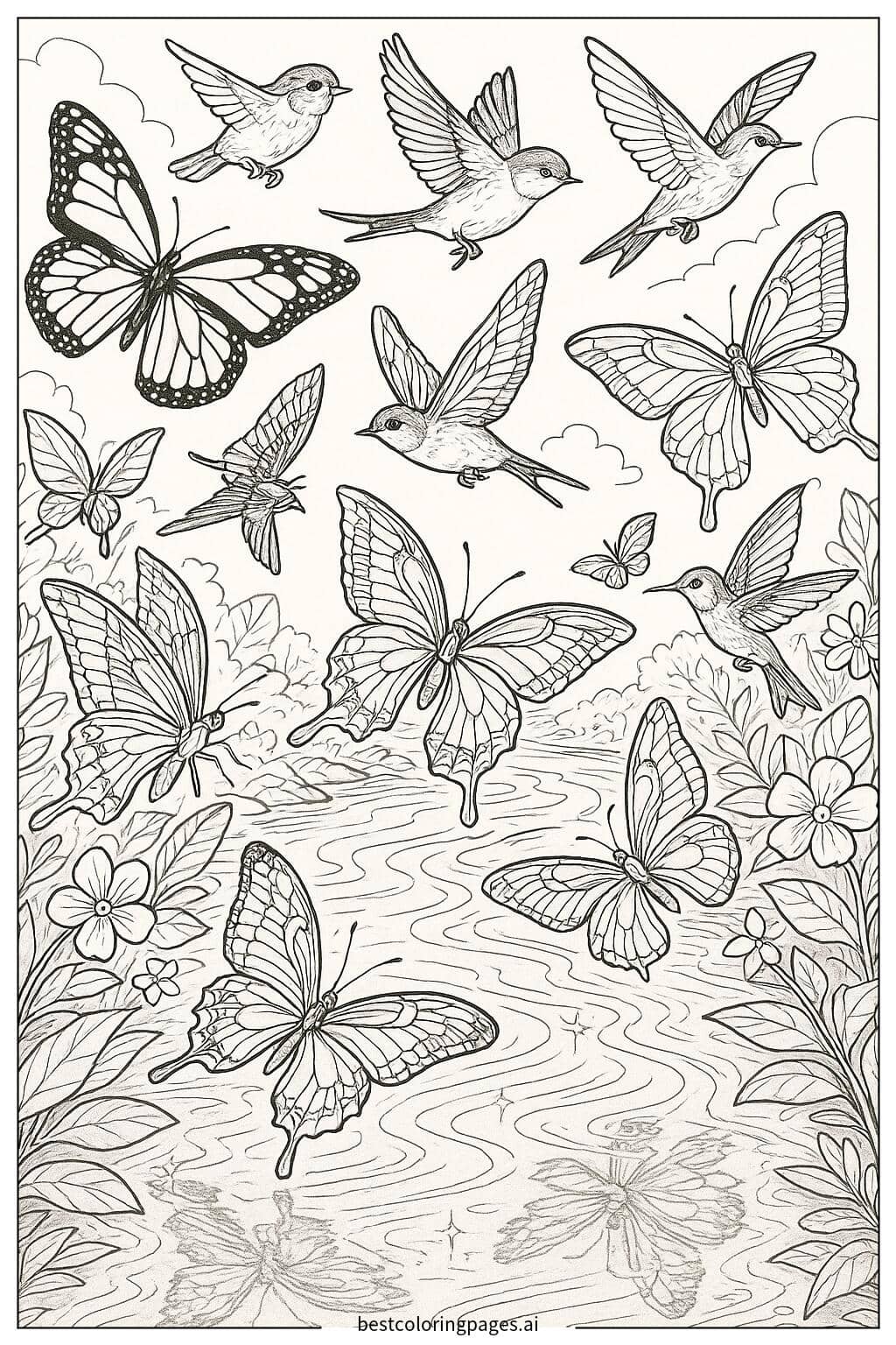 きらめく川の上を飛ぶ蝶と鳥たち のぬりえ