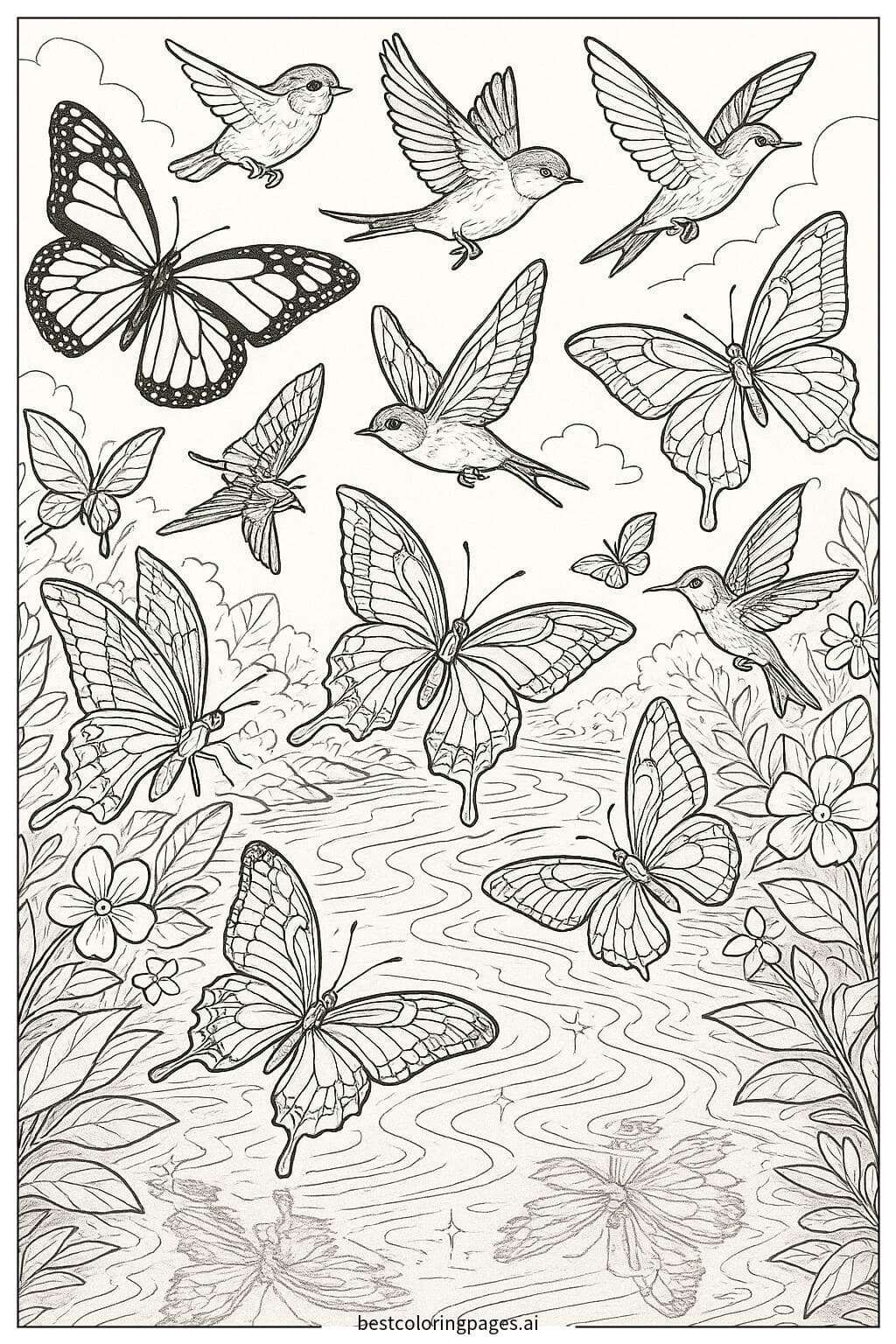 Disegni di Farfalle e uccelli che volano su un fiume scintillante da Colorare