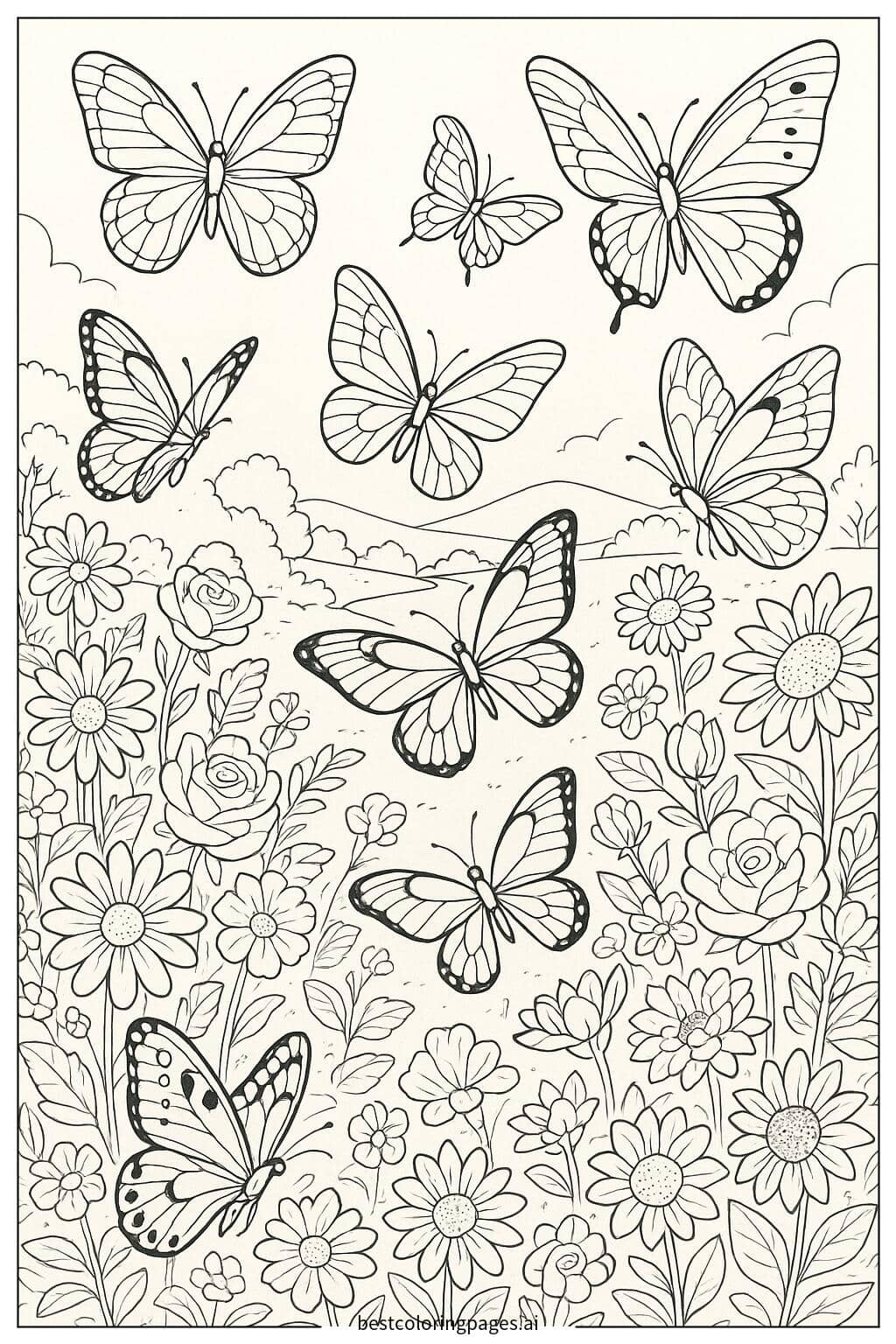 花園で舞う蝶々たち のぬりえ