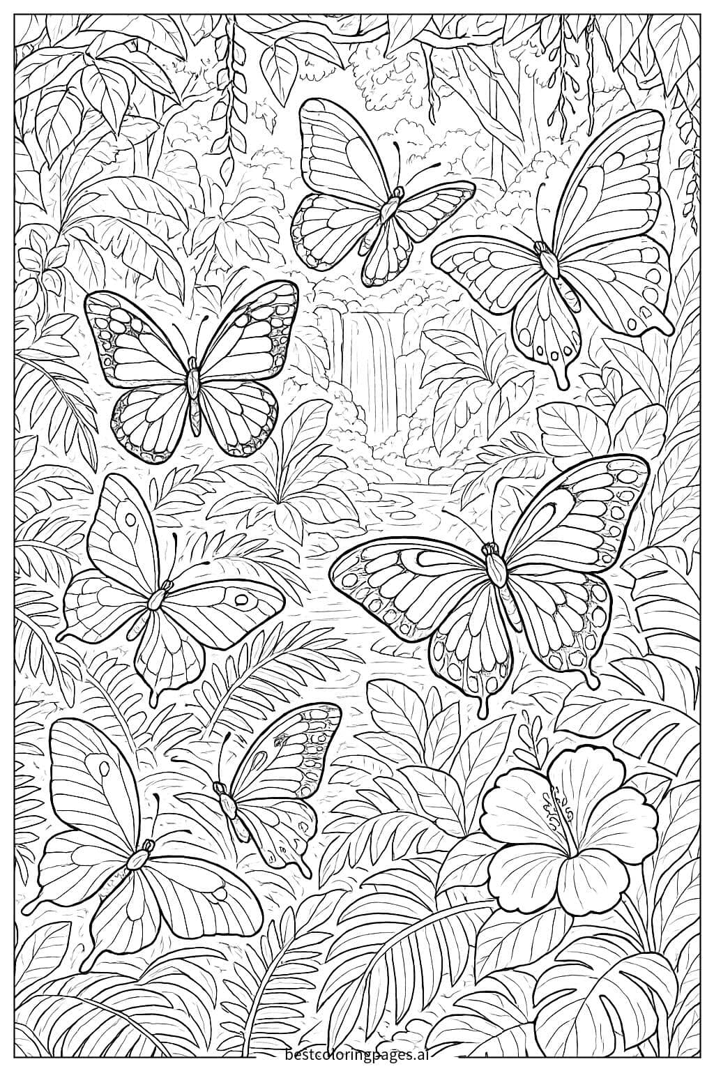 熱帯雨林の中で舞う美しい蝶たち のぬりえ