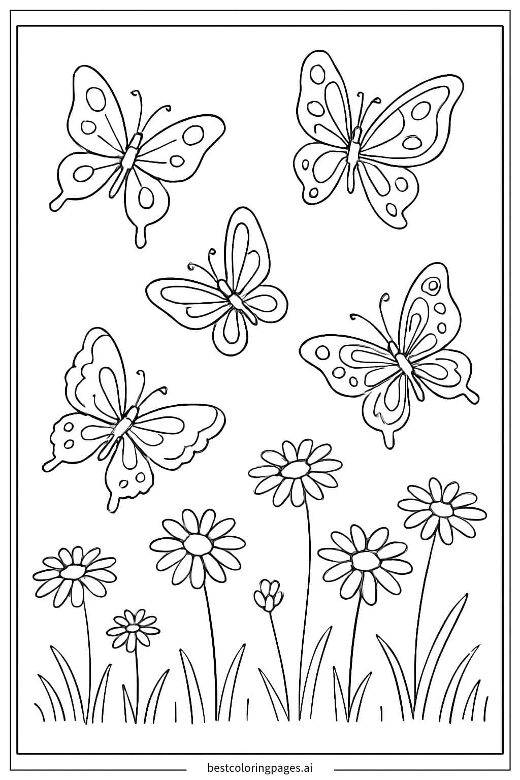 蝶々とデイジーが咲く草原 のぬりえ